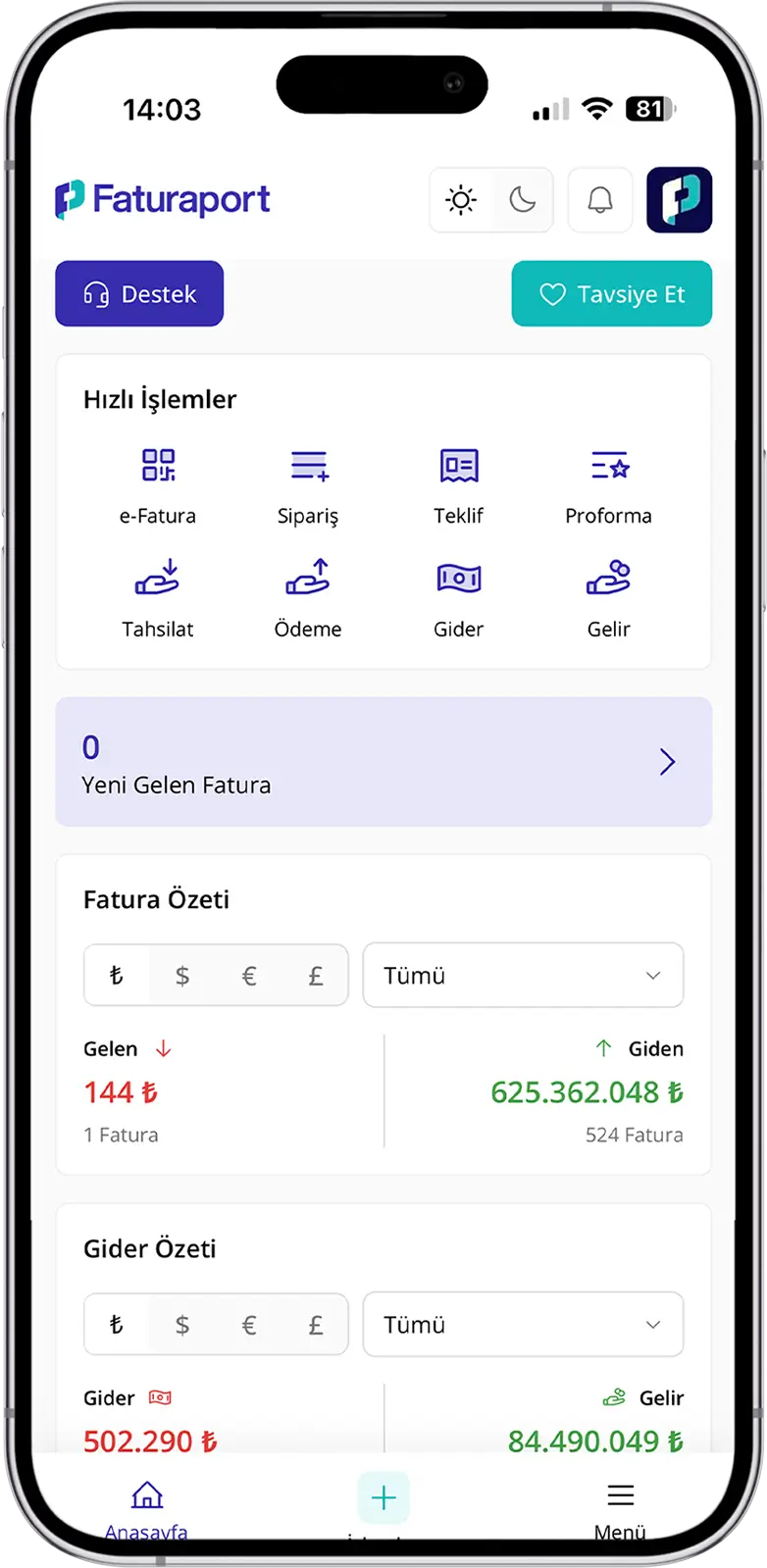Faturaport Mobil Arayüz